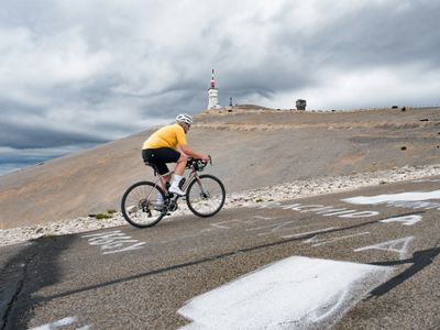 Cyclist riding to the summit of Mont Ventoux 