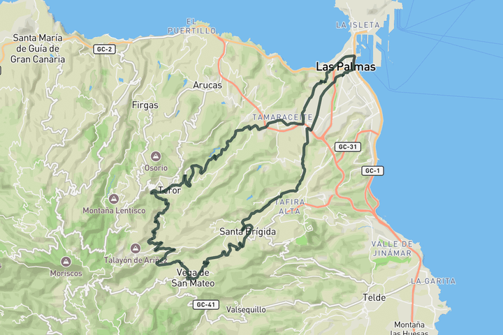 cycling map for Las Palmas from Teror