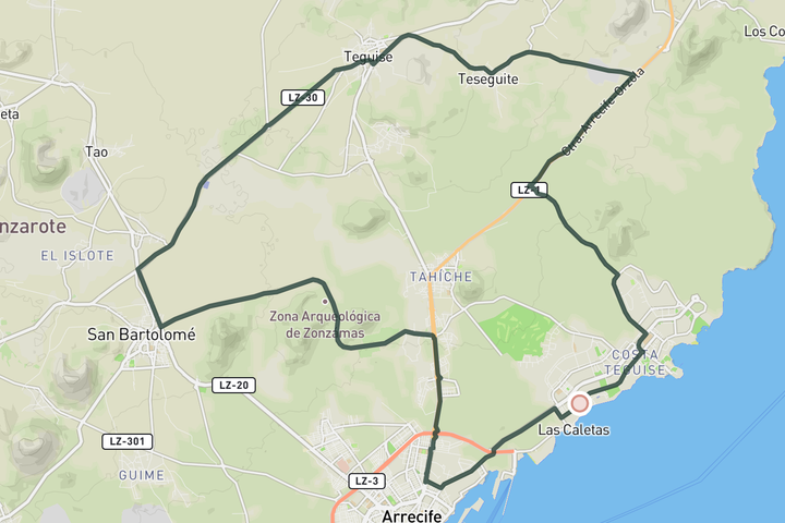 Teguise and Arrecife from Costa Teguise route map