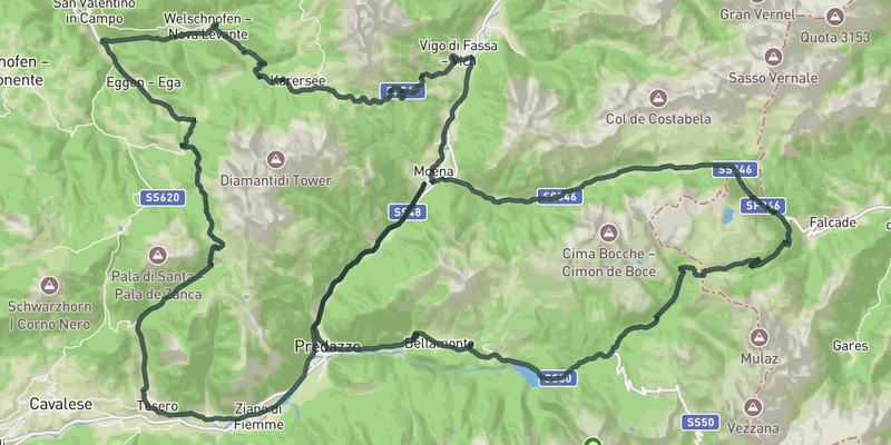 San Pellegrino, Valles, Pampeago, Costalunga – Dolomites all you can climb road cycling route map