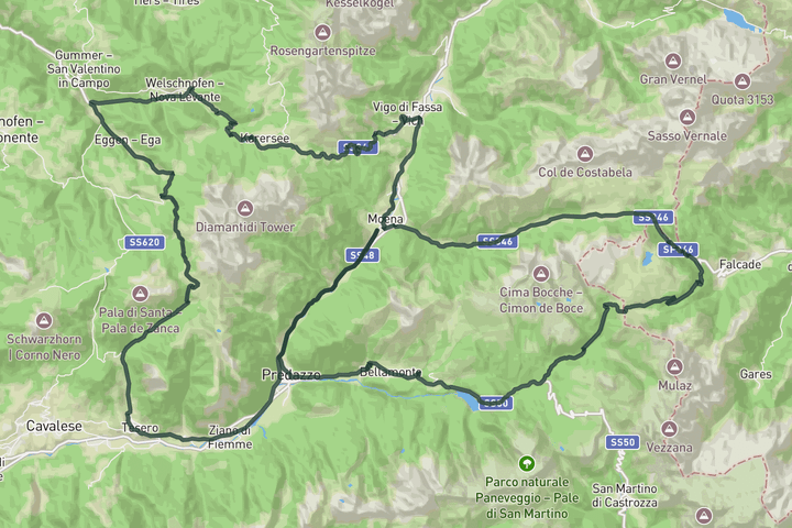 road cycling route map for San Pellegrino, Valles, Pampeago, Costalunga – Dolomites all you can climb