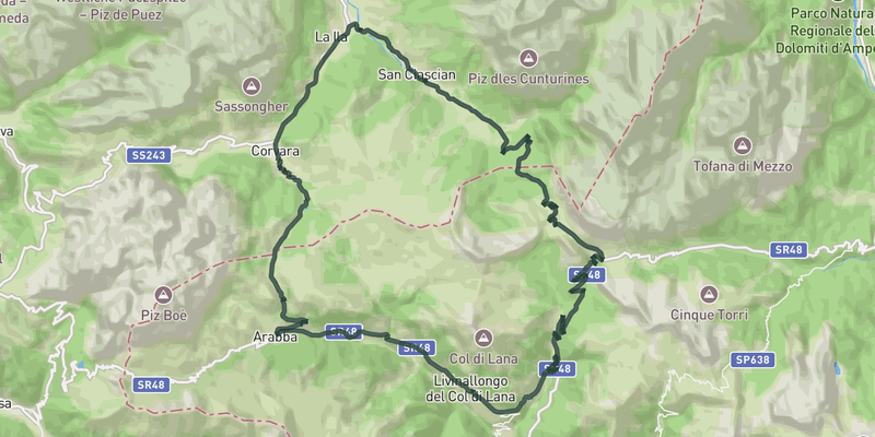 Three Passes loop: Valparola, Falzarego and Campolongo route preview