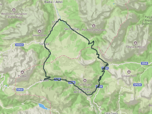 Three Passes loop: Valparola, Falzarego and Campolongo route map