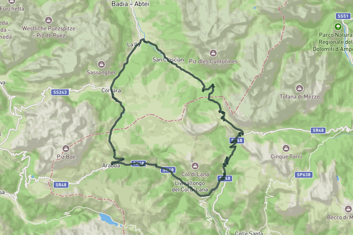 cycling map for Three Passes loop: Valparola, Falzarego and Campolongo
