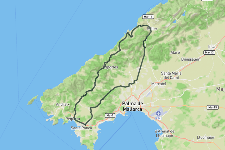road cycling route map for Coll de Sóller from Santa Ponsa