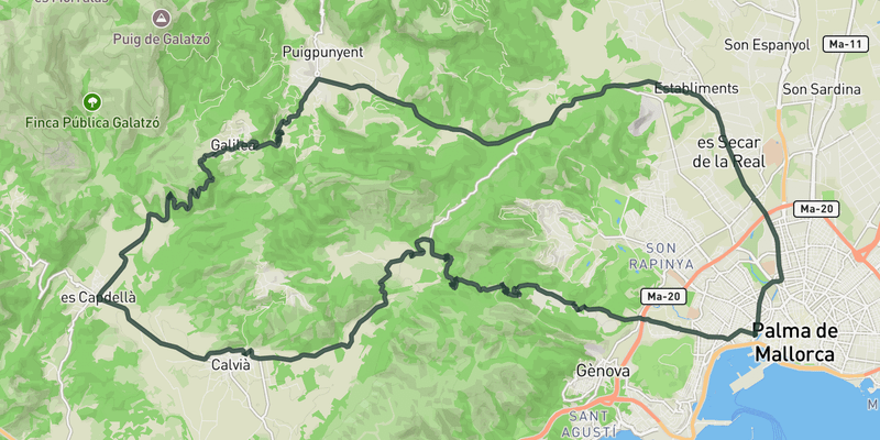 Coll de Sa Creu from Palma road cycling route map