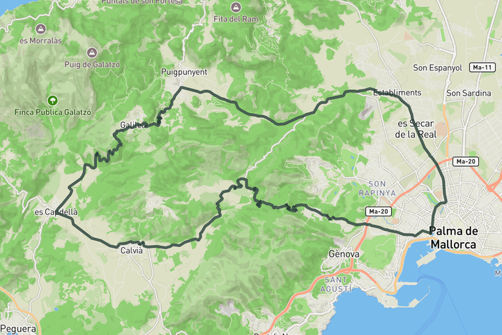 road cycling route map for Coll de Sa Creu from Palma