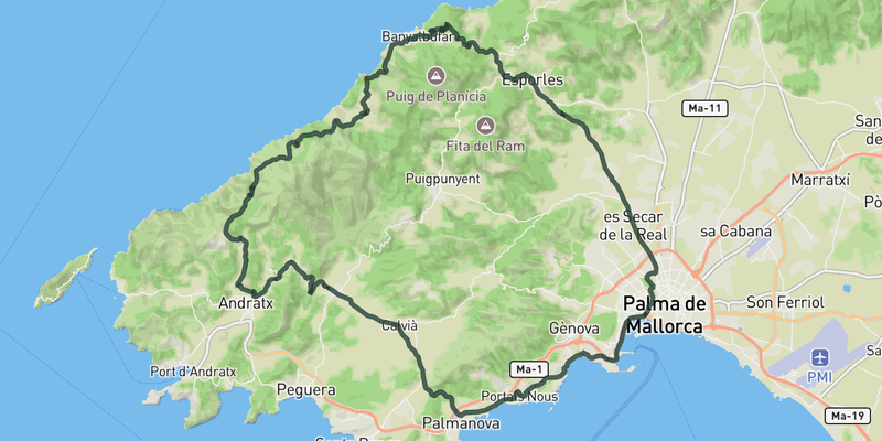 Loop to Banyalbufar and Andratx road cycling route map
