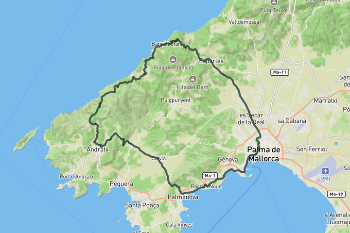 road cycling route map for Loop to Banyalbufar and Andratx