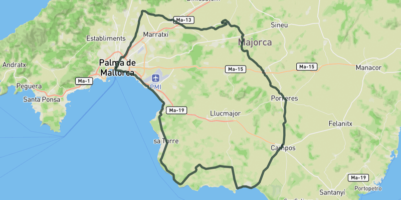 Loop trough Porreres, Campos and Sa Rapita route preview