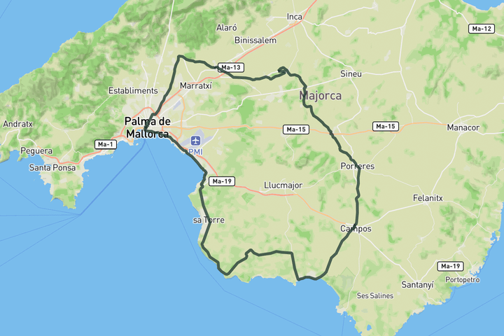 cycling map for Loop trough Porreres, Campos and Sa Rapita