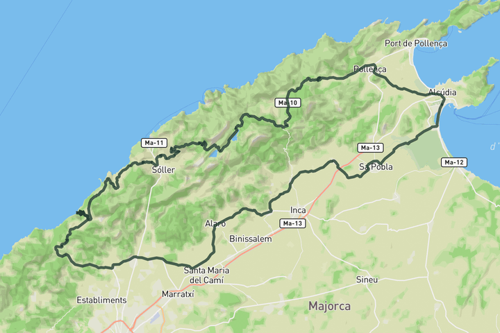 cycling map for Valdemossa loop from Alcudia