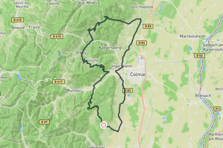 cycling map for Alsace Vineyards & Climbs
