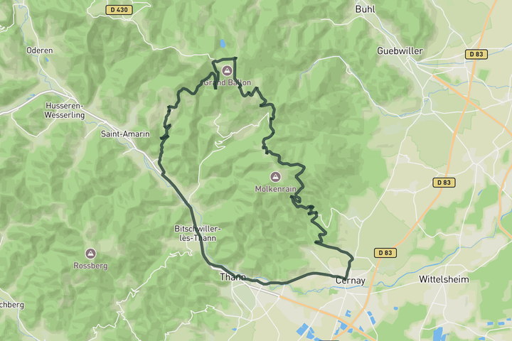 road cycling route map for Loop to Col du Haag - Grand Ballon