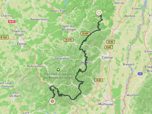 Vosges South-North traverse route map