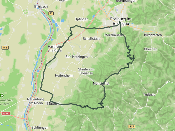 From Freiburg via Schauinsland to the Rhine Valley route map