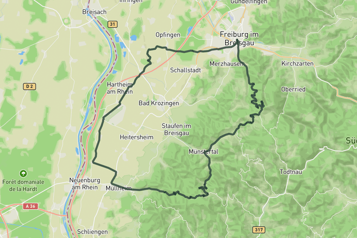 From Freiburg via Schauinsland to the Rhine Valley route map
