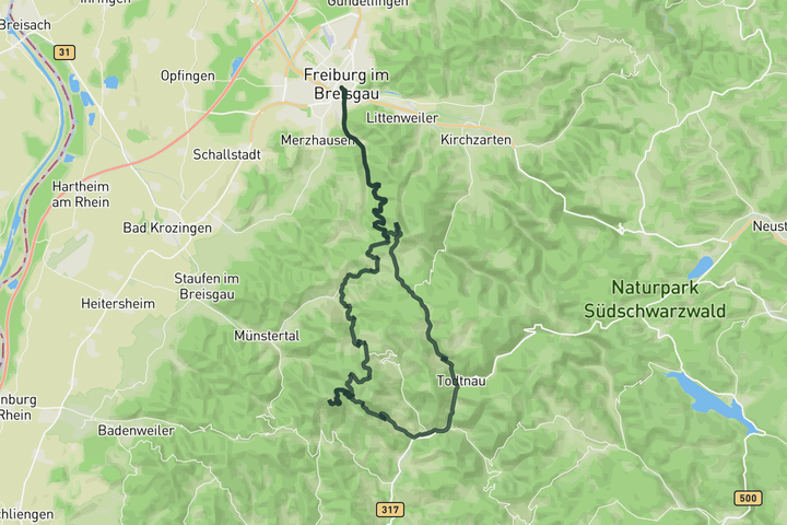 road cycling route map for Over the Schauinsland to the Belchen