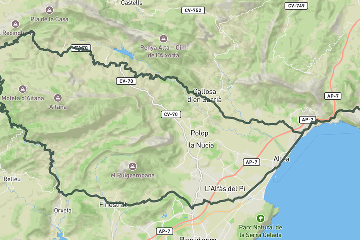 cycling map for Puerto de Confrides and Puerto de Tudons from Calpe