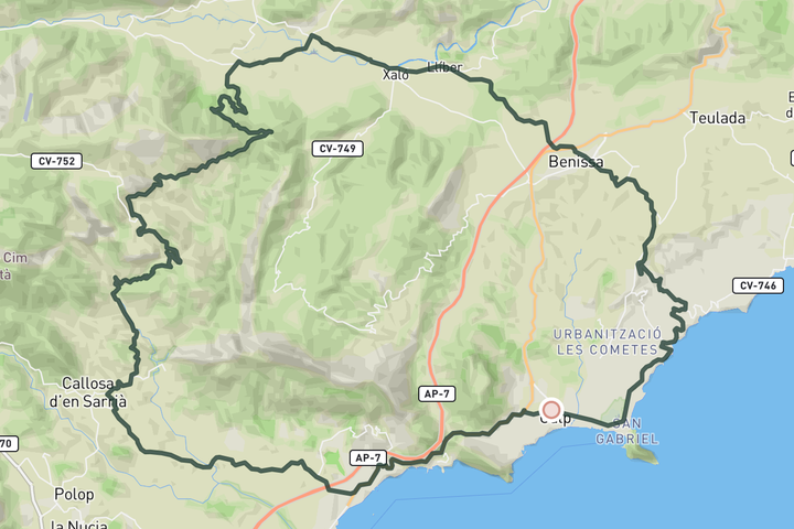 cycling map for Puerto de Tárbena from Calpe