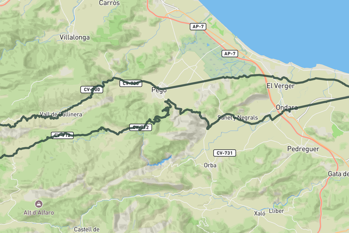 Vall de Gallinera and Vall d'Ebo from Dénia route map