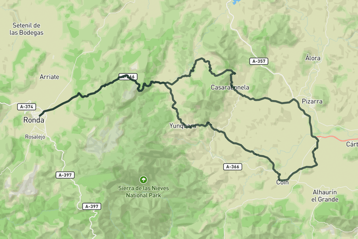 cycling map for Puerto Martínez and Puerto del Viento from Ronda