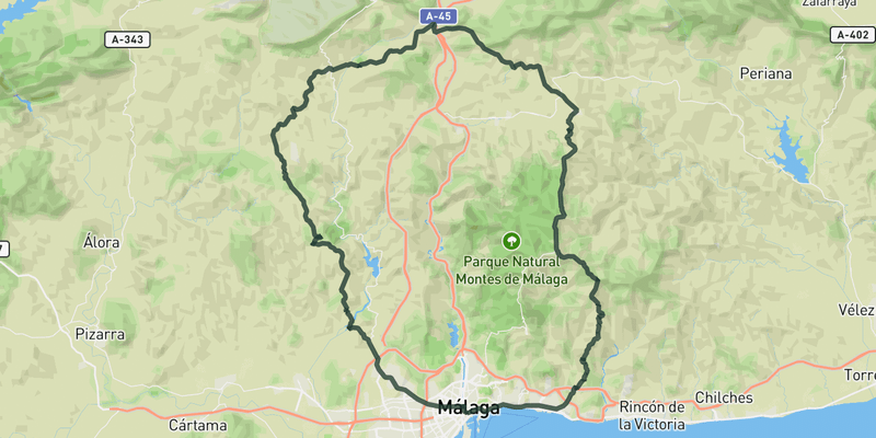 Puerto de Los Núñez, Almogía, Puerto del Barco and Colmenar from Málaga route preview