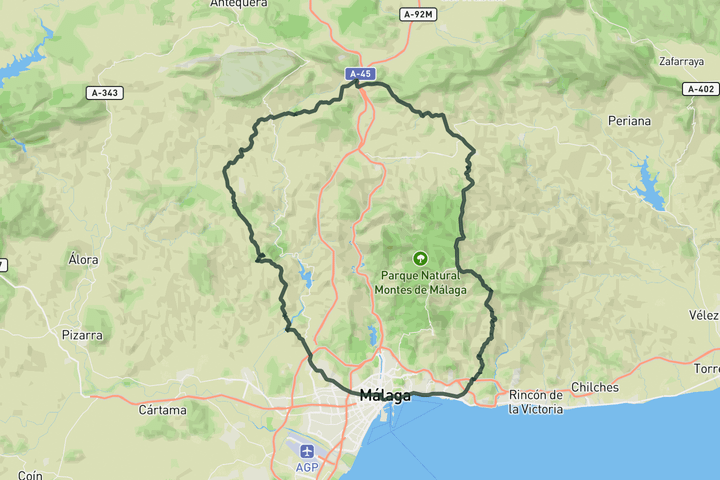 cycling map for Puerto de Los Núñez, Almogía, Puerto del Barco and Colmenar from Málaga