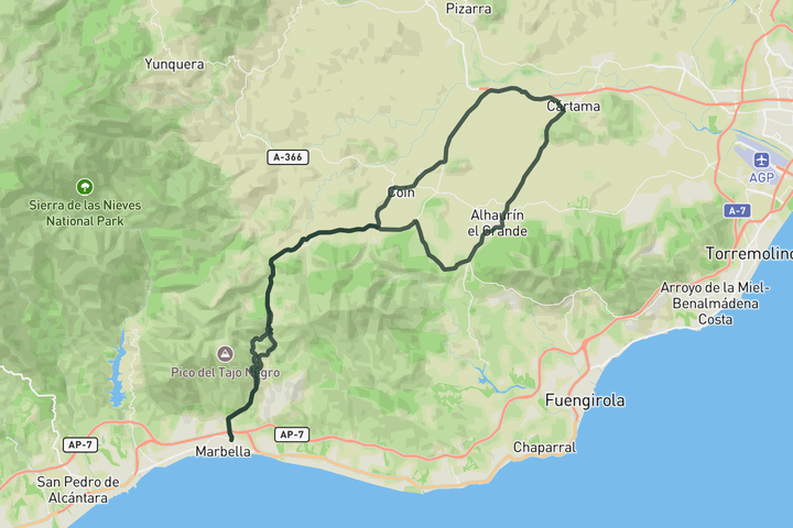 Puerto de Ojén and Alhaurín El Grande from Marbella route map