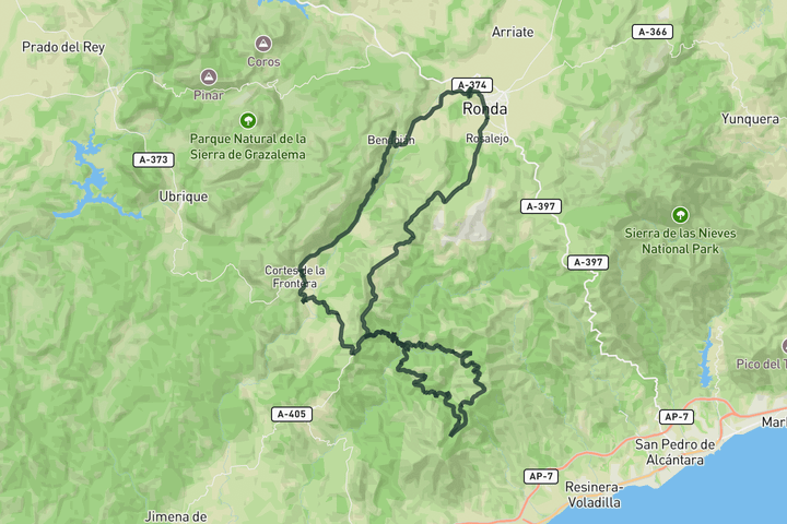 Puerto de Peñas Blancas loop from Ronda route map