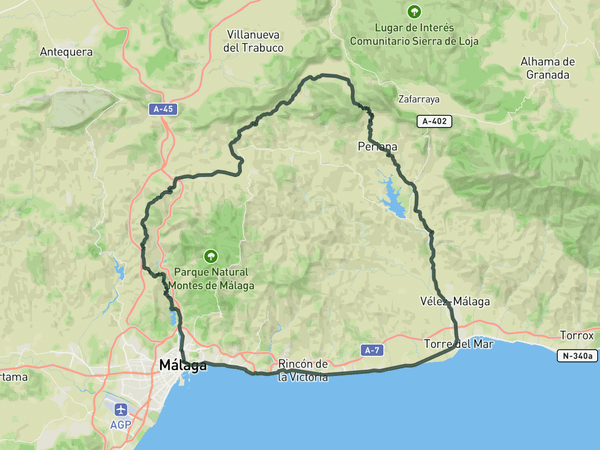 Vélez Málaga, Puerto del Sol and Casabermeja from Málaga route map