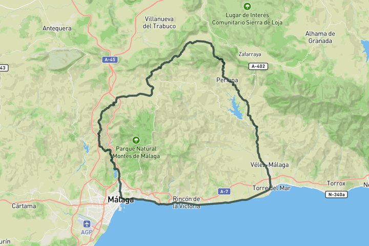 cycling map for Vélez Málaga, Puerto del Sol and Casabermeja from Málaga