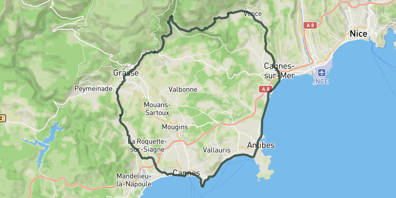 Coastal loop to Cannes route preview