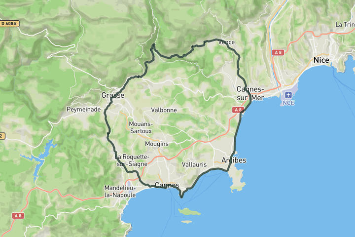 Coastal loop to Cannes route map
