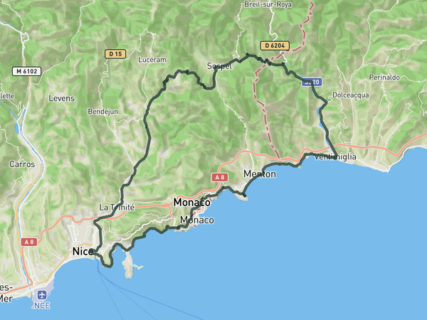 Col de Braus and back via the coast route map