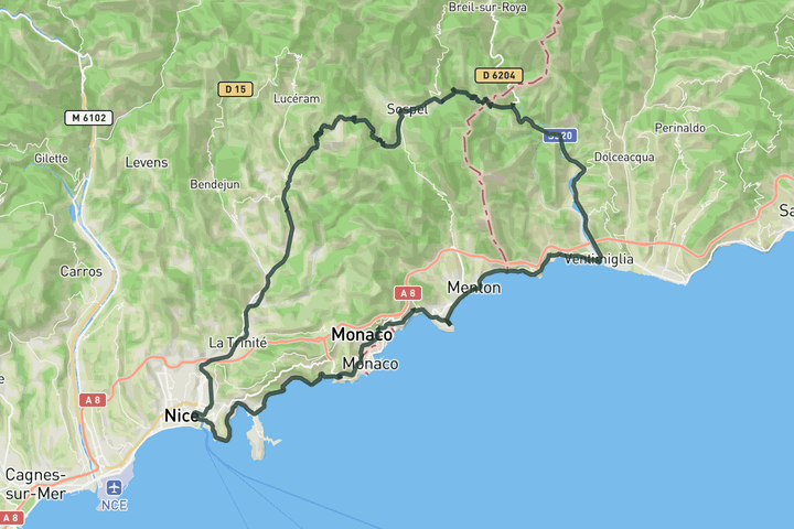 cycling map for Col de Braus and back via the coast