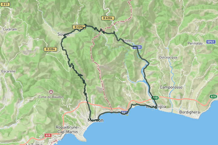 cycling map for Col de Castillon and back via Italy