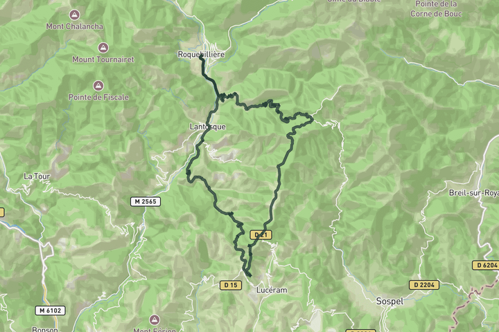 cycling map for Col de Turini from Roquebillière