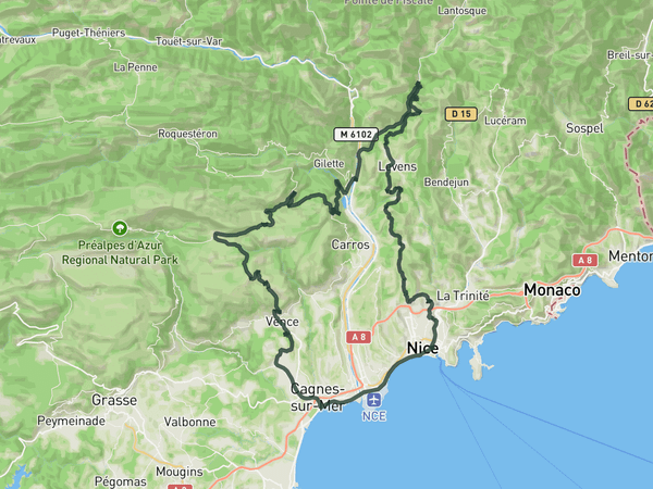 Col de Vence and the Var river valley loop from Nice route map
