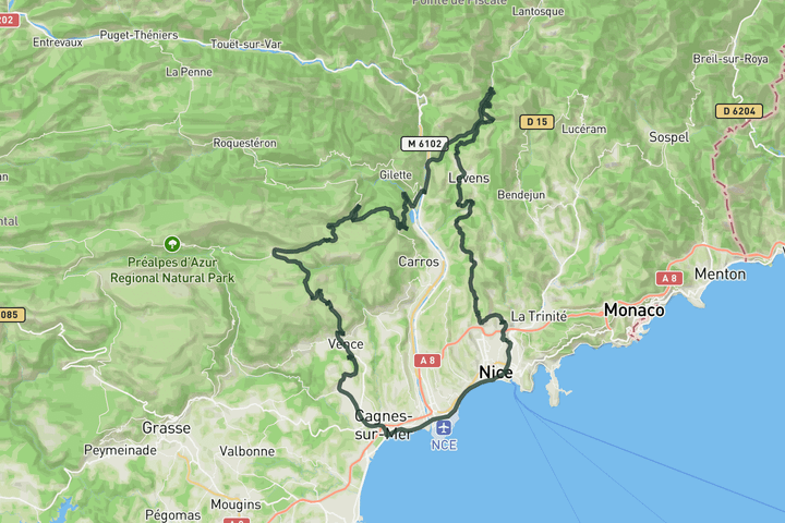 cycling map for Col de Vence and the Var river valley loop from Nice