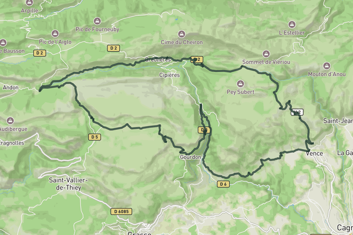 cycling map for Col de l'Écre from Vence