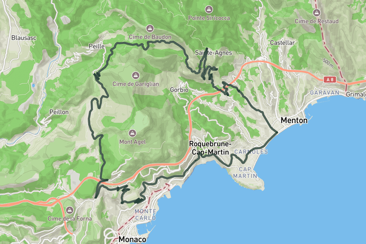 cycling map for Col de la Madonne from Menton