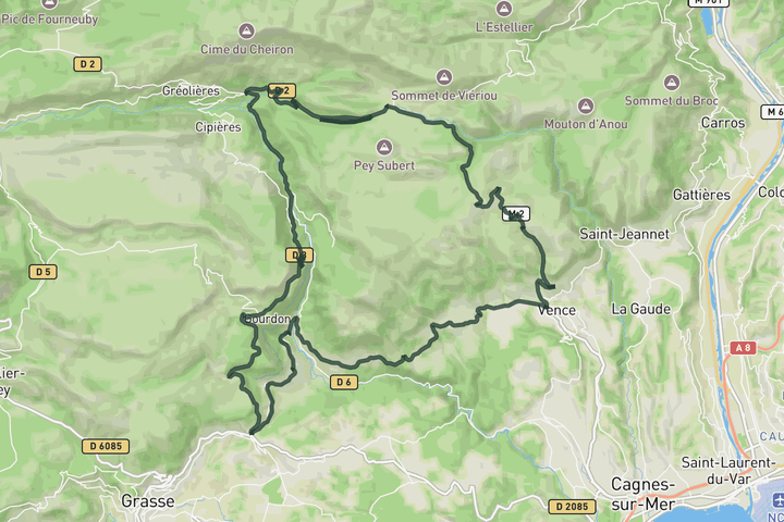 cycling map for Col du Vence return via Gourdan