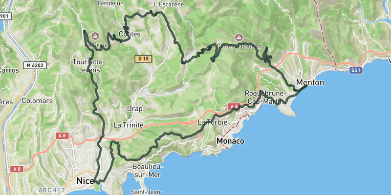 La Madone, Nice, Col de Eze, and Grand corniche from Menton route preview