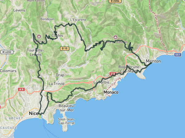 La Madone, Nice, Col de Eze, and Grand corniche from Menton route map