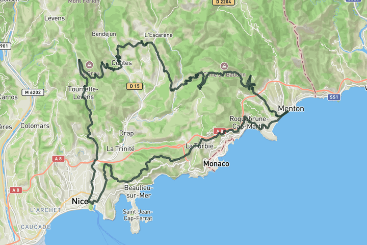 cycling map for La Madone, Nice, Col de Eze, and Grand corniche from Menton