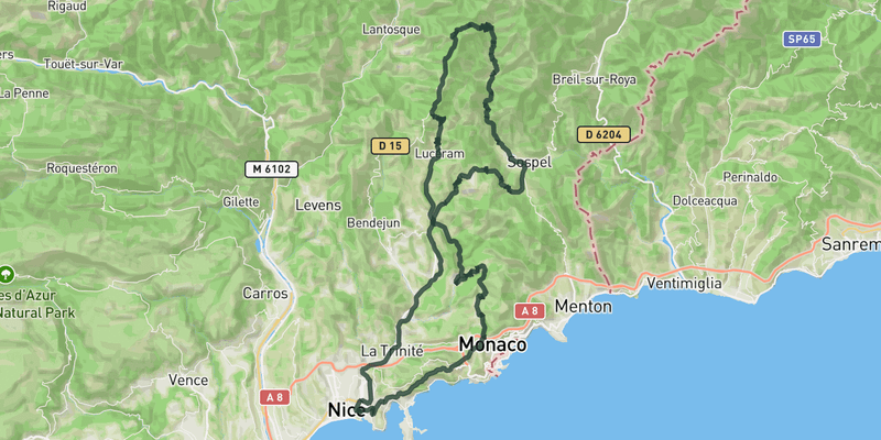 Moyenne Corniche, Col de Braus and Col de Turini loop from Nice route preview