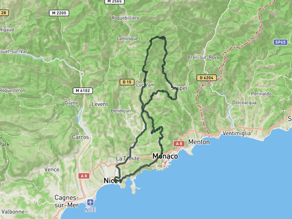 Moyenne Corniche, Col de Braus and Col de Turini loop from Nice route map