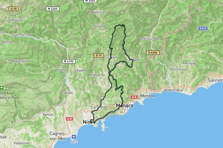 cycling map for Moyenne Corniche, Col de Braus and Col de Turini loop from Nice