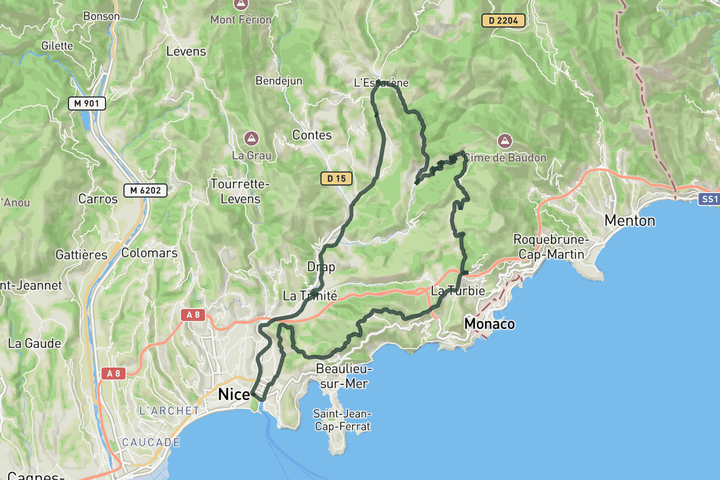 cycling map for Peille loop from Nice